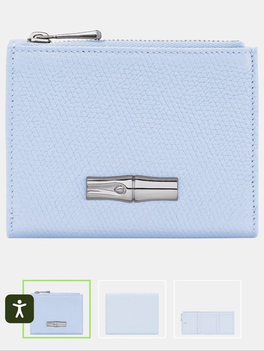 Longchamp Light Blue Pebbled Leather Zip Card Wallet